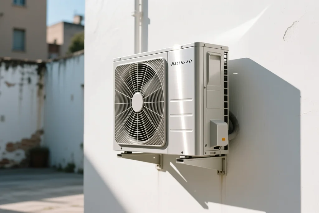 Unidad exterior de aire acondicionado junto a módulos solares en una vivienda