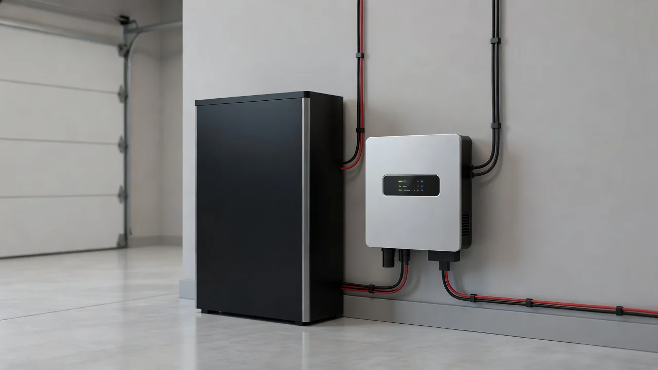 Bateria doméstica e inversor híbrido instalados numa garagem