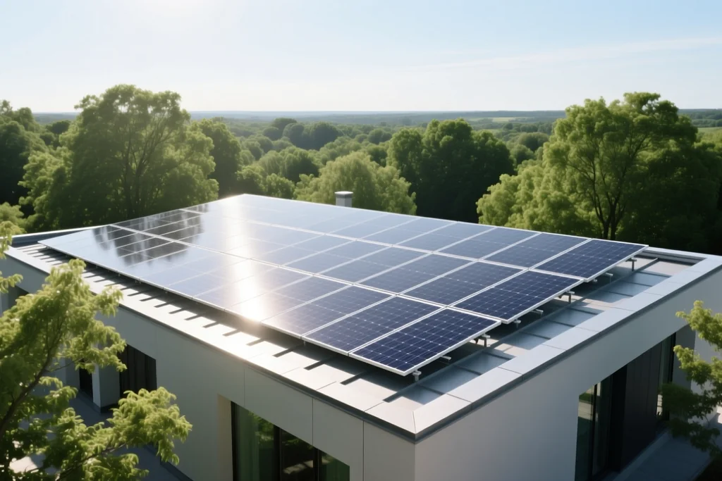 Campo de módulos fotovoltaicos bajo un cielo despejado