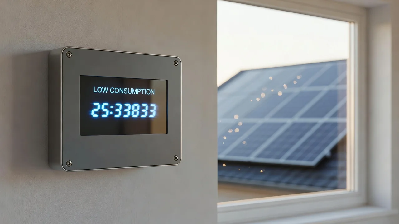 Contador inteligente de eletricidade numa casa com painéis solares