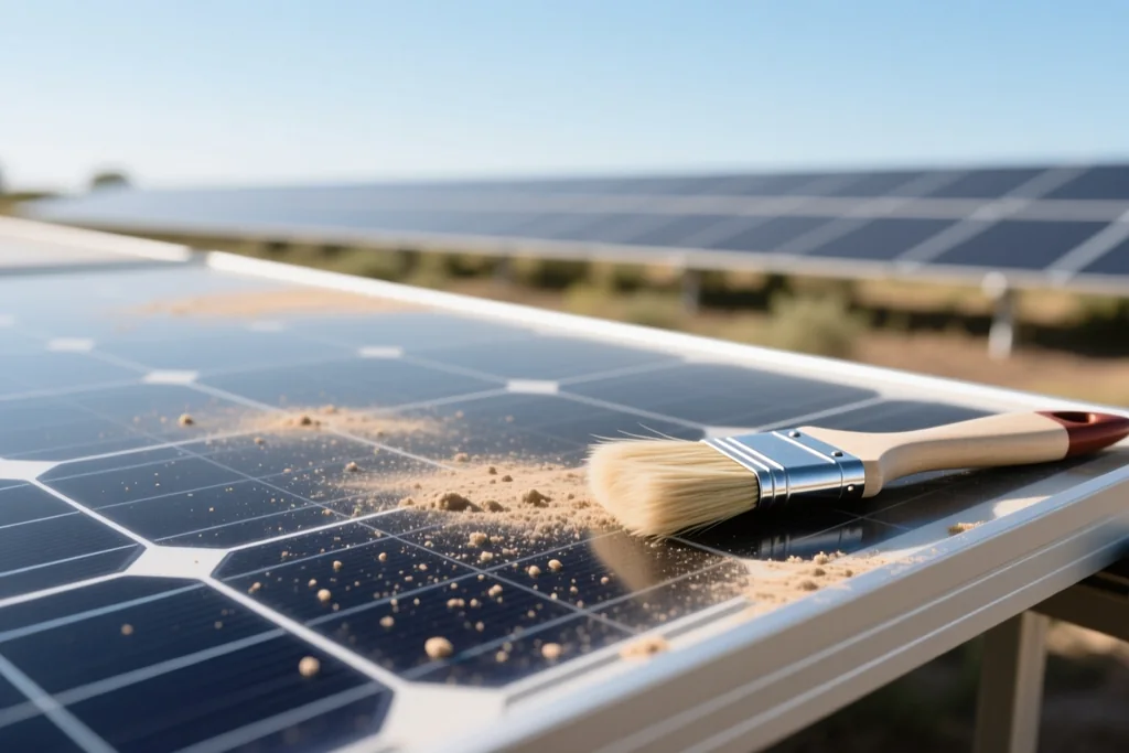 Limpieza de la superficie de un módulo solar con agua y un cepillo suave