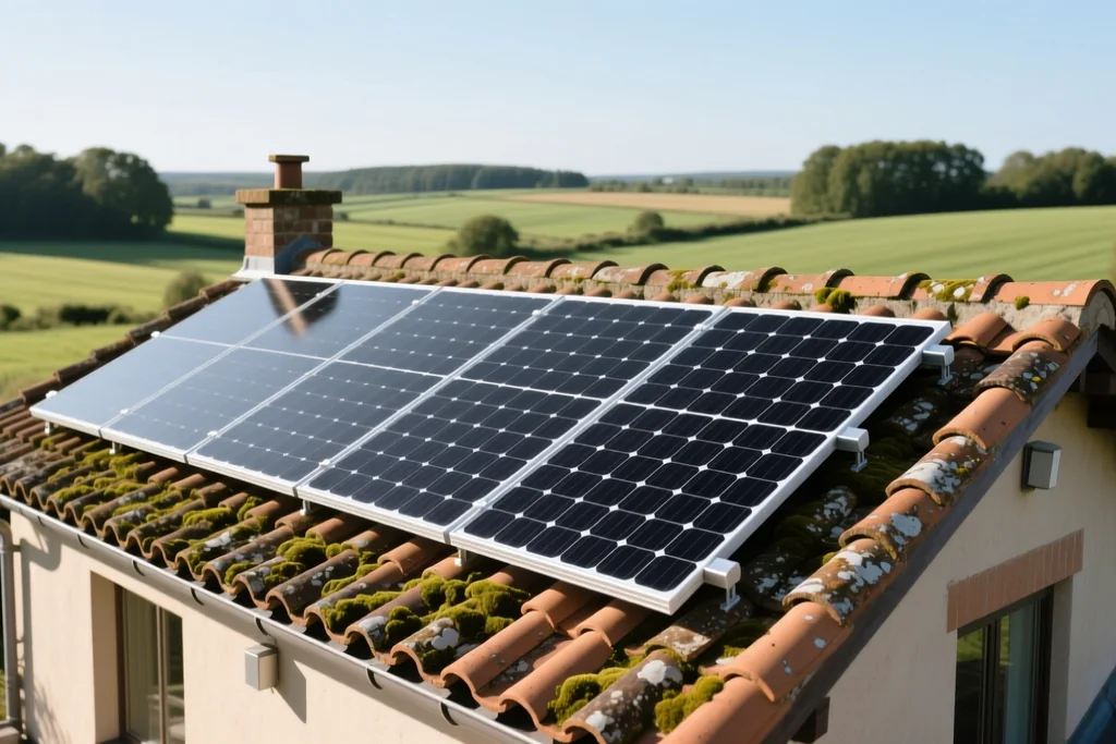 Instalación fotovoltaica aislada sobre el tejado de una vivienda rural