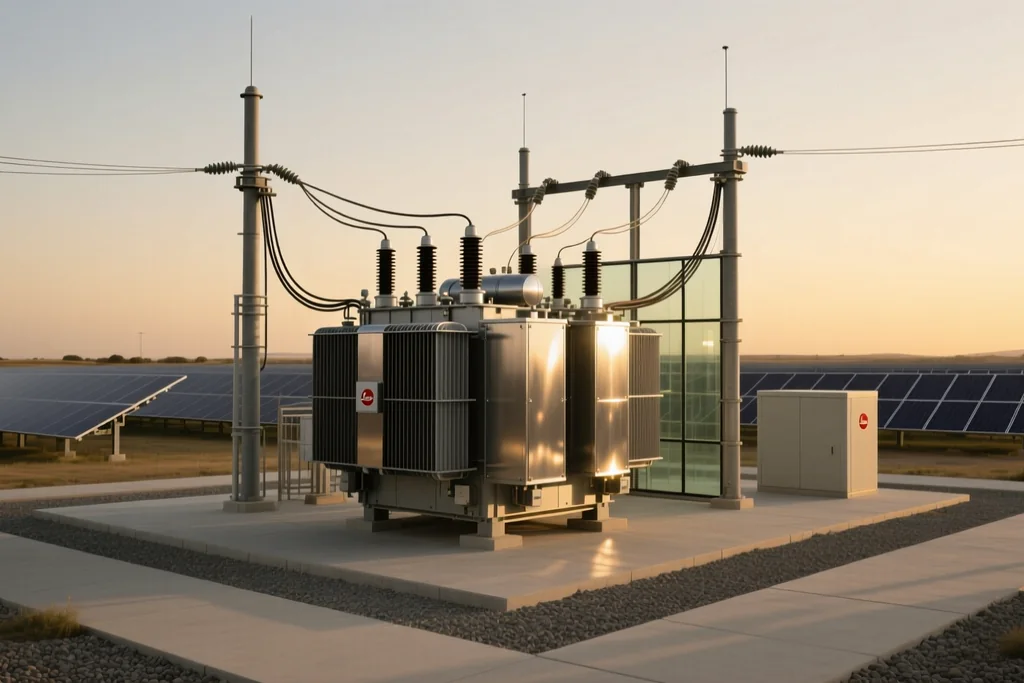 Contenedor de almacenamiento con baterías junto a una instalación de transformación eléctrica