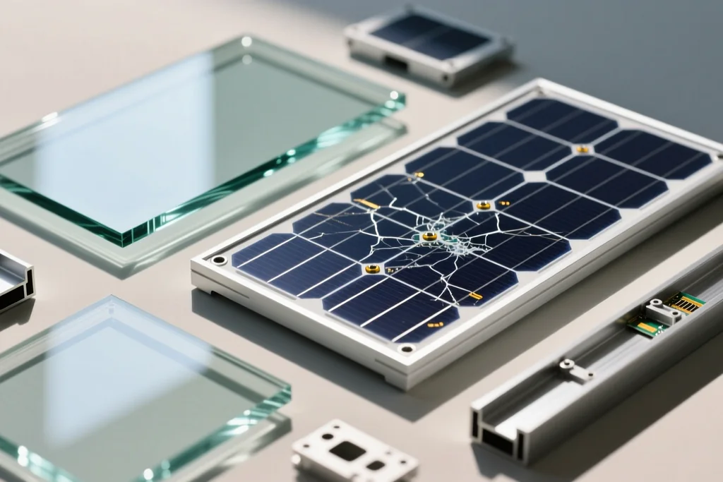 Módulos solares retirados apilados sobre una plataforma para su reciclaje