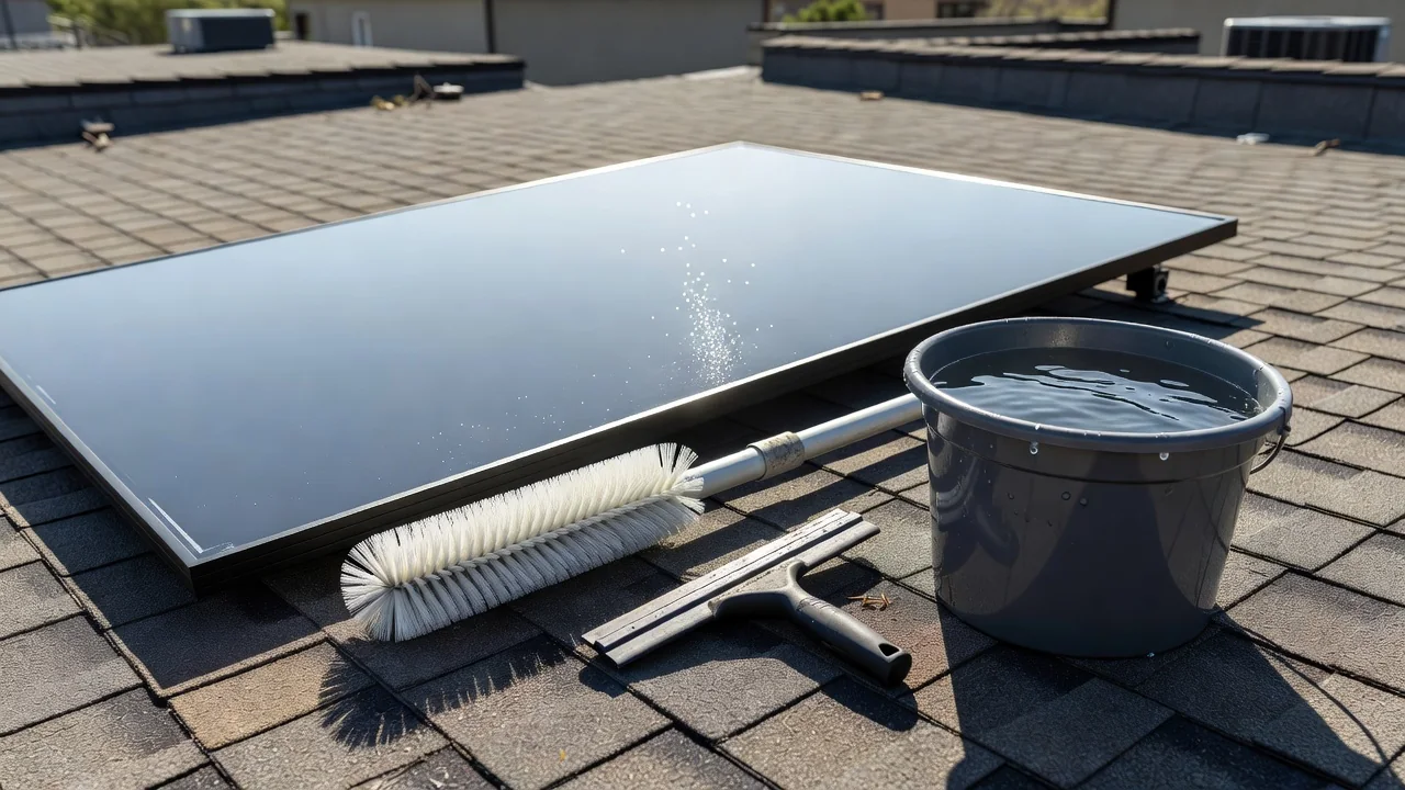 Ferramentas de limpeza junto a um painel solar no telhado