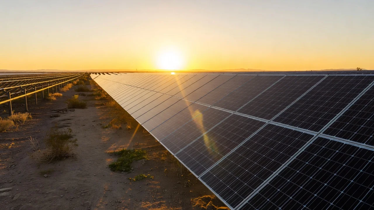 Fileiras de painéis num parque fotovoltaico ao nascer do sol