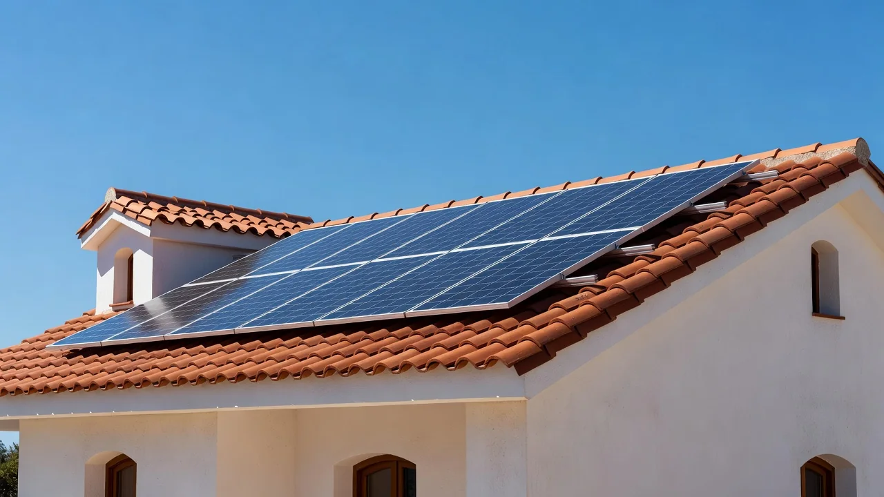 Painéis solares instalados num telhado de telha cerâmica