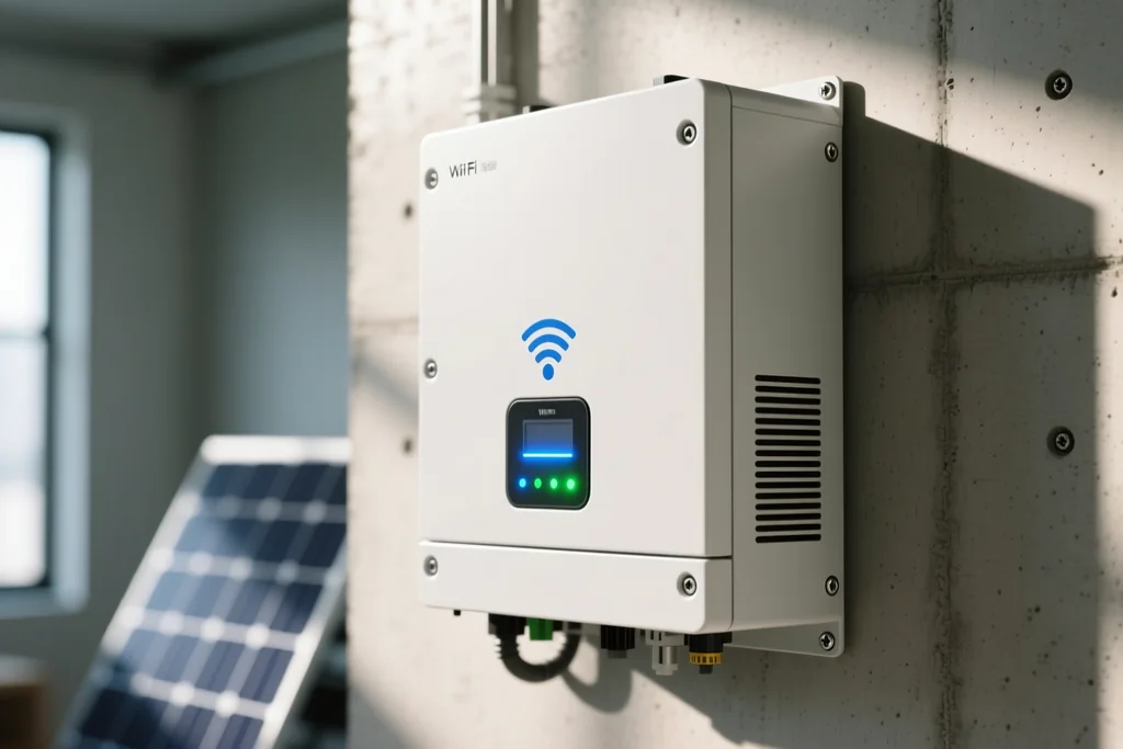 Inversor solar en la pared con su módulo de comunicación